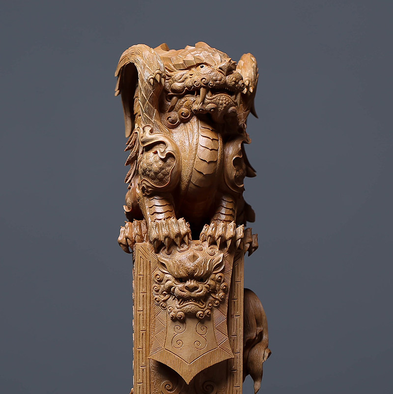 pixiu tall wood carving statue
