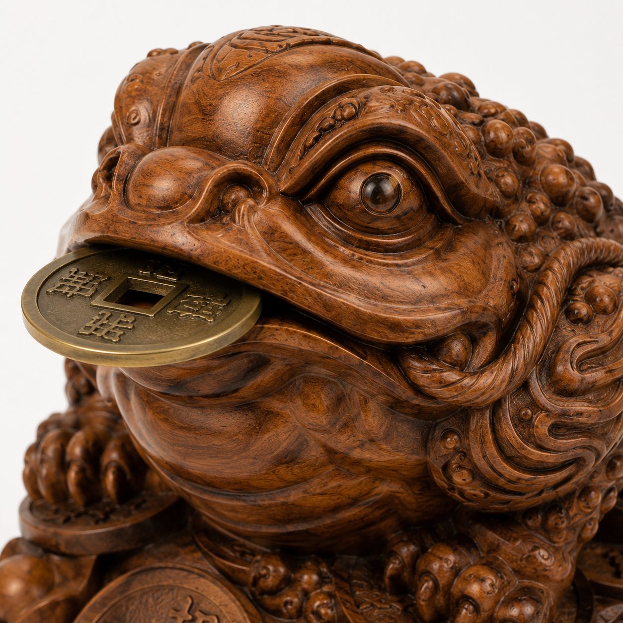 Money Frog coin in mouth detail and Pixiu open dragon mouth detail comparison