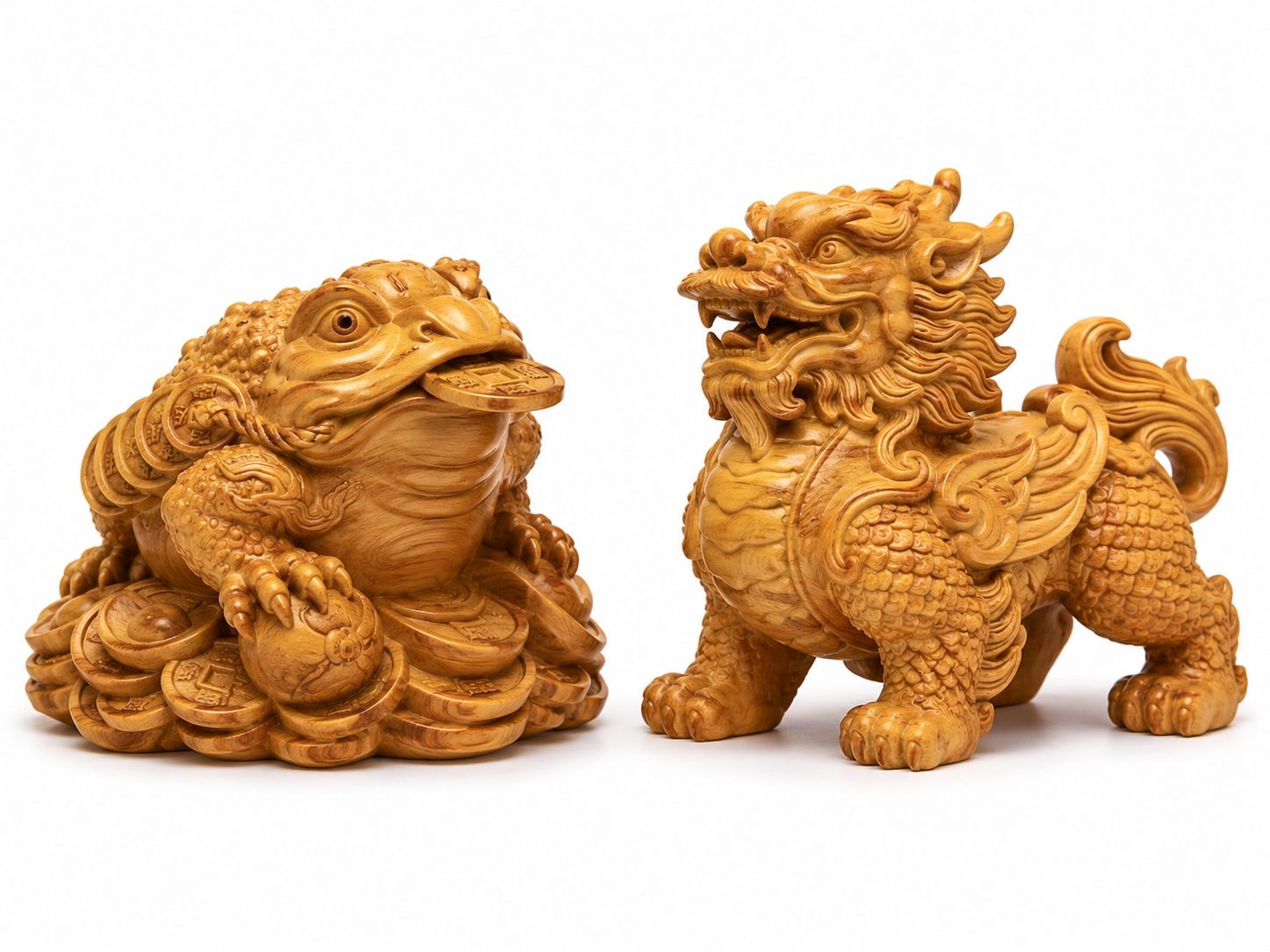 Hand-carved boxwood Money Frog and Pixiu statues side by side