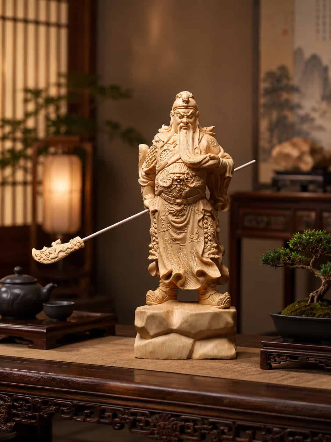 standing guan gong wood statue holding green dragon crescent blade