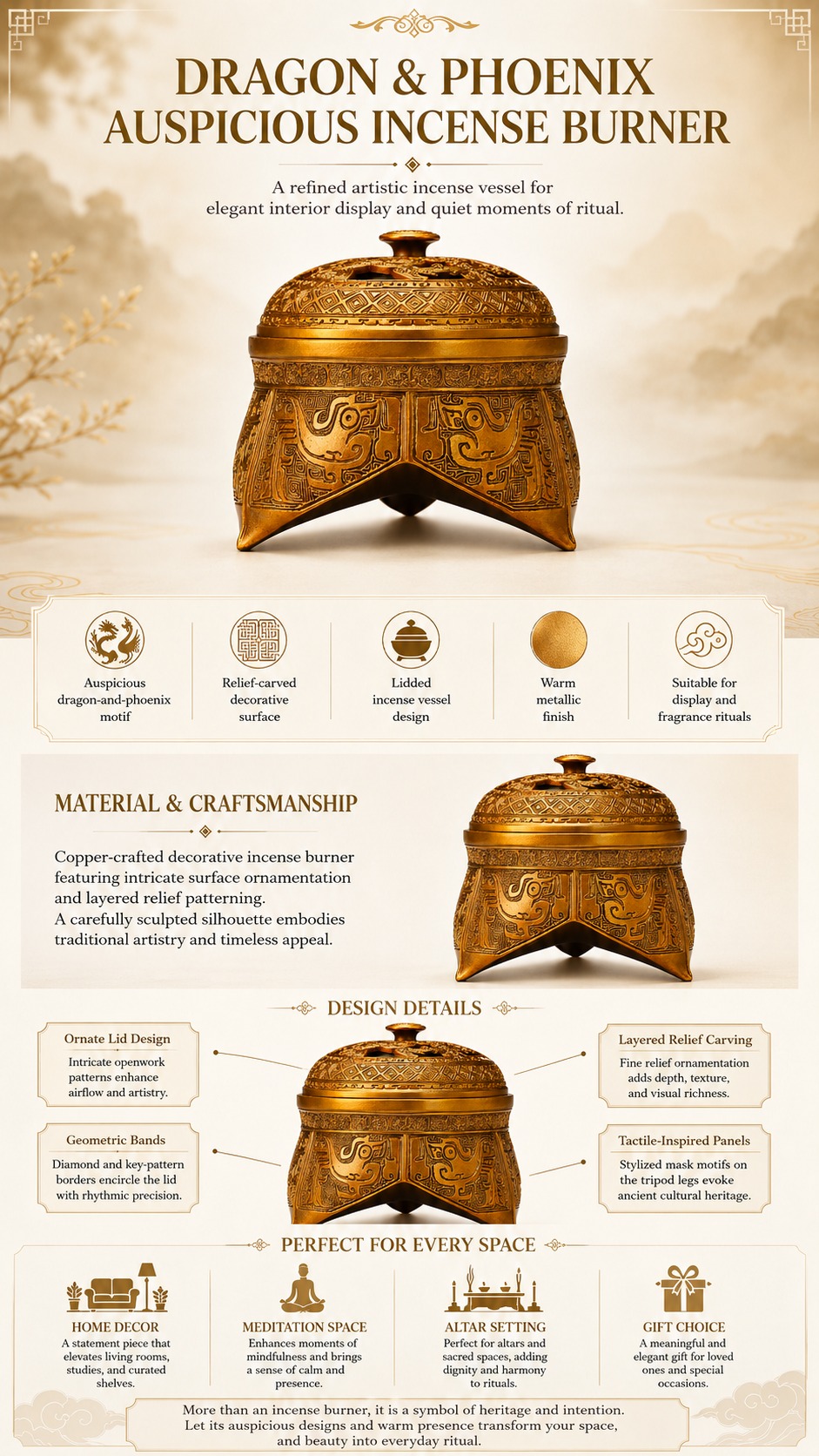 Dragon and Phoenix Copper Alloy Incense Burner, approved detail product view.