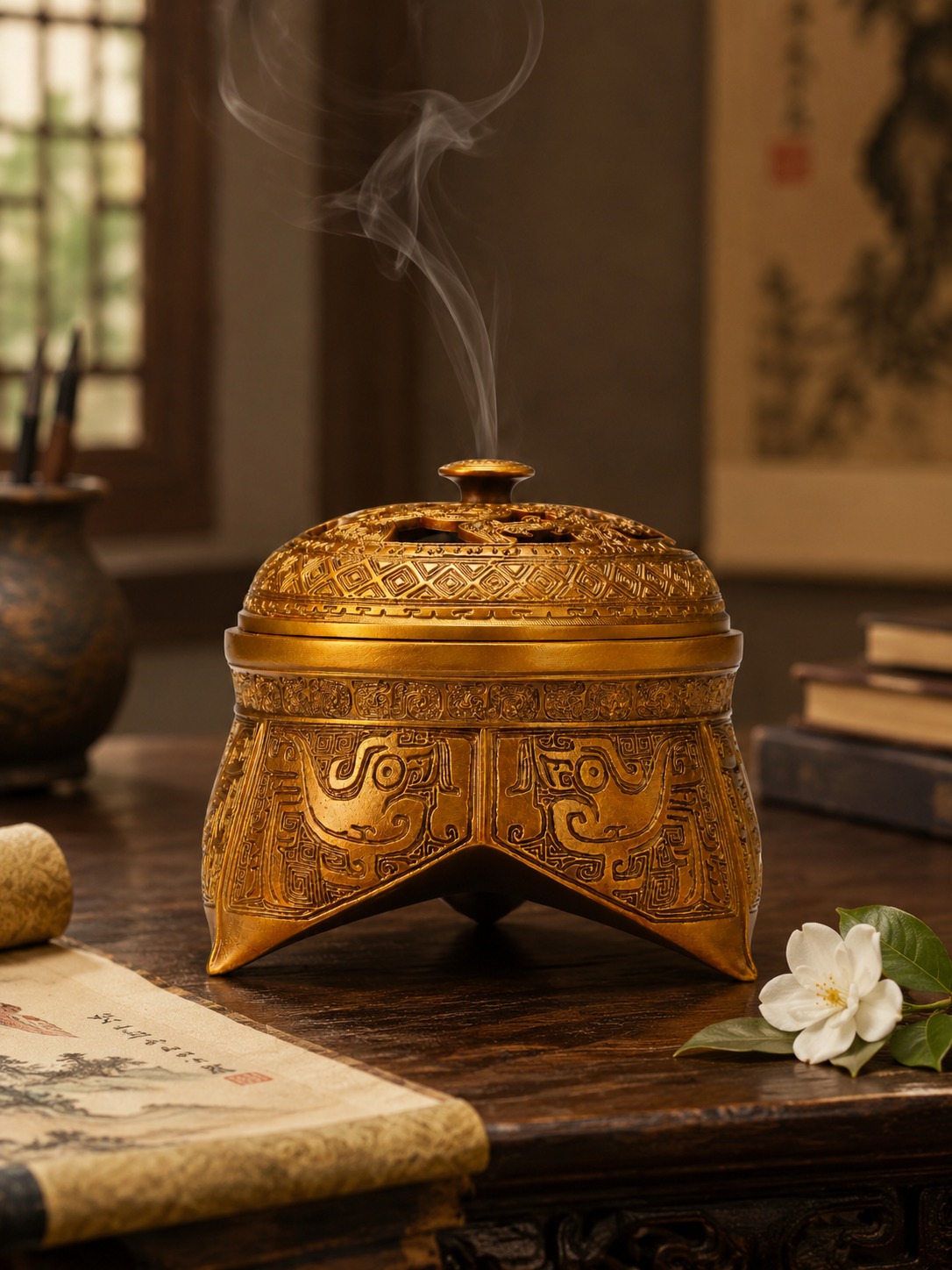 Dragon and Phoenix Copper Alloy Incense Burner, approved scene product view.