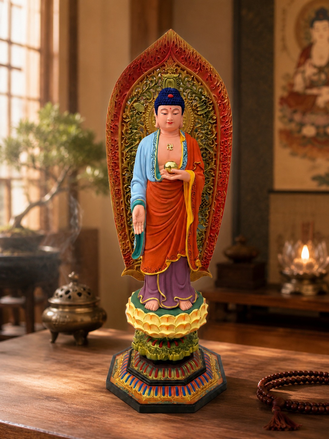 Painted Medicine Buddha carving displayed in a warm altar setting