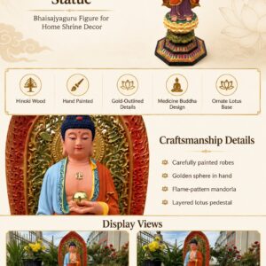 Painted Medicine Buddha Wood Statue, approved detail product view.