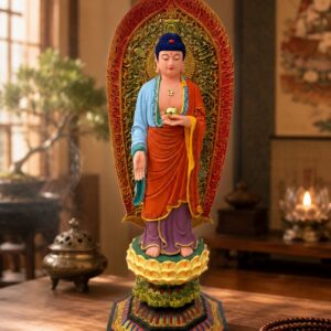 Painted Medicine Buddha Wood Statue, approved scene product view.