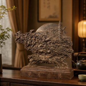 Flying Horses Wood Sculpture Wooden Statue, approved scene product view.
