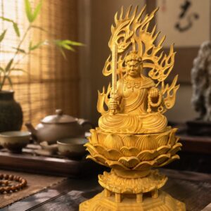 Approved display image of the Fudo Myoo Wood Statue; use the listed measurements for placement.