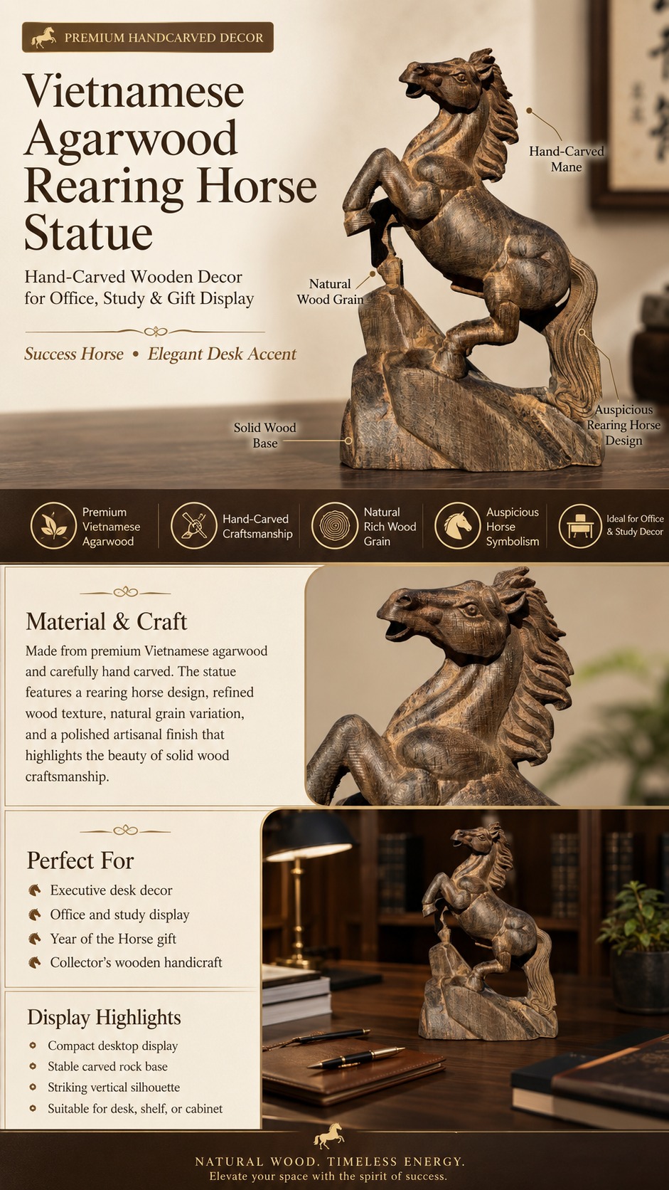 Zodiac Horse Wood Statue, approved detail product view.