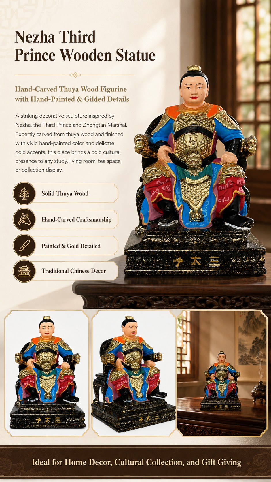 Nezha Prince Wood Figurine with, approved detail product view.