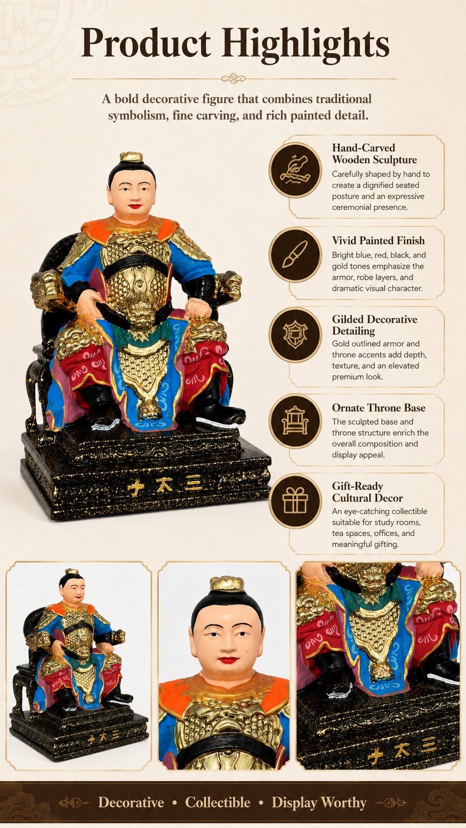 Nezha Prince Wood Figurine with, approved detail product view.