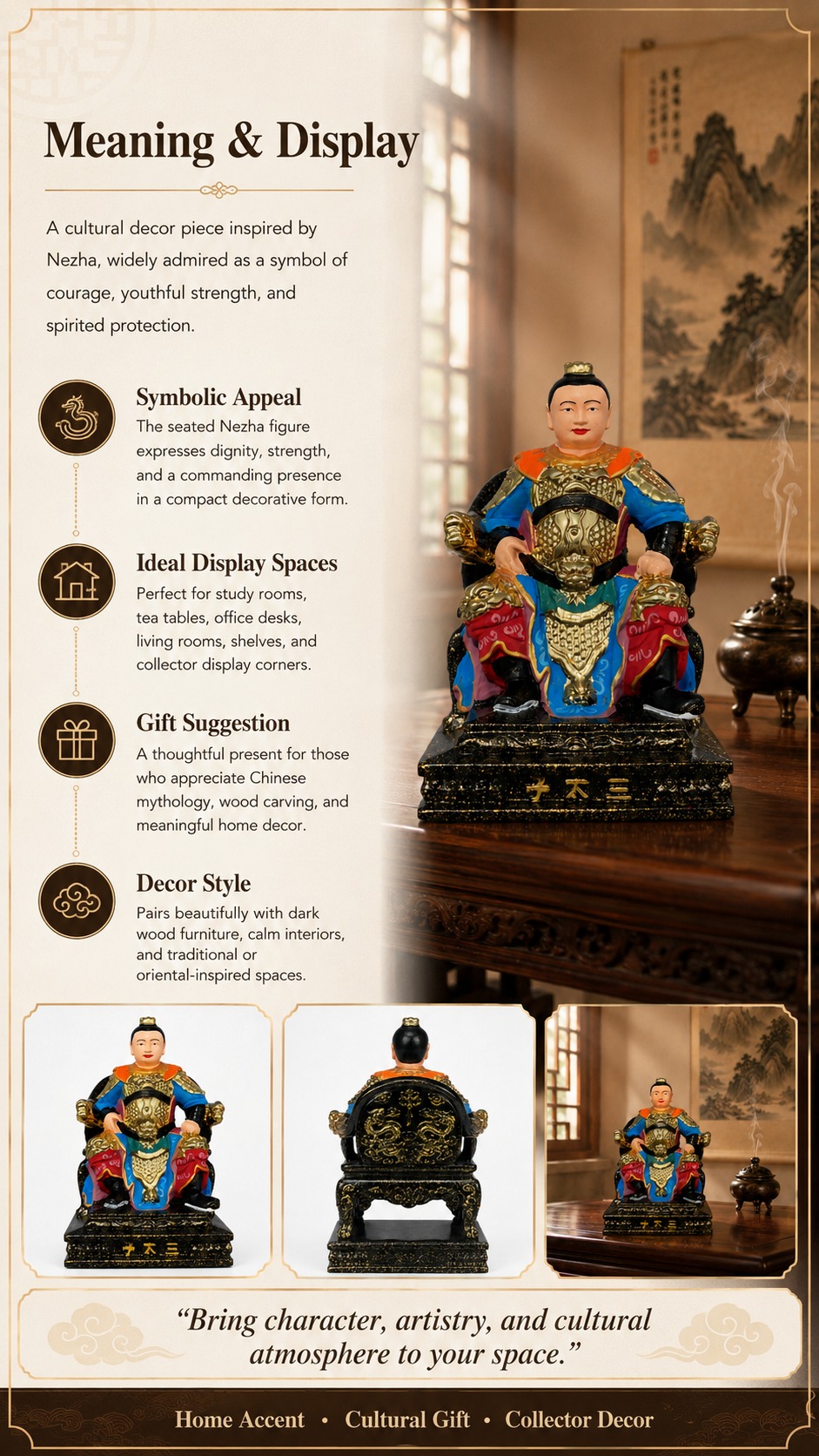 Nezha Prince Wood Figurine with, approved detail product view.