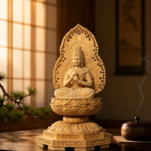 Mahavairocana Wood Statue Seated on Lotus Throne, approved main product view.