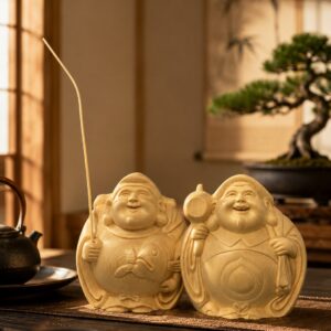 Ebisu and Daikokuten Wood Statue, approved scene product view.