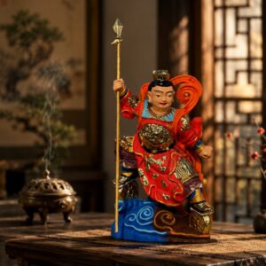 Nezha Wood Statue with Detailing, approved scene product view.