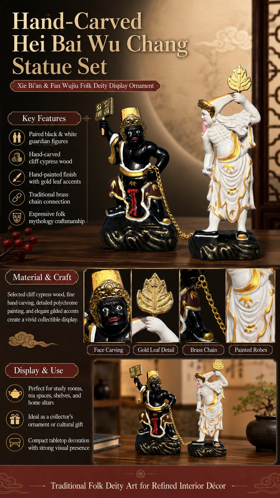 Black and White Impermanence Wood Statue Folk Deity Figurine, approved main product view.