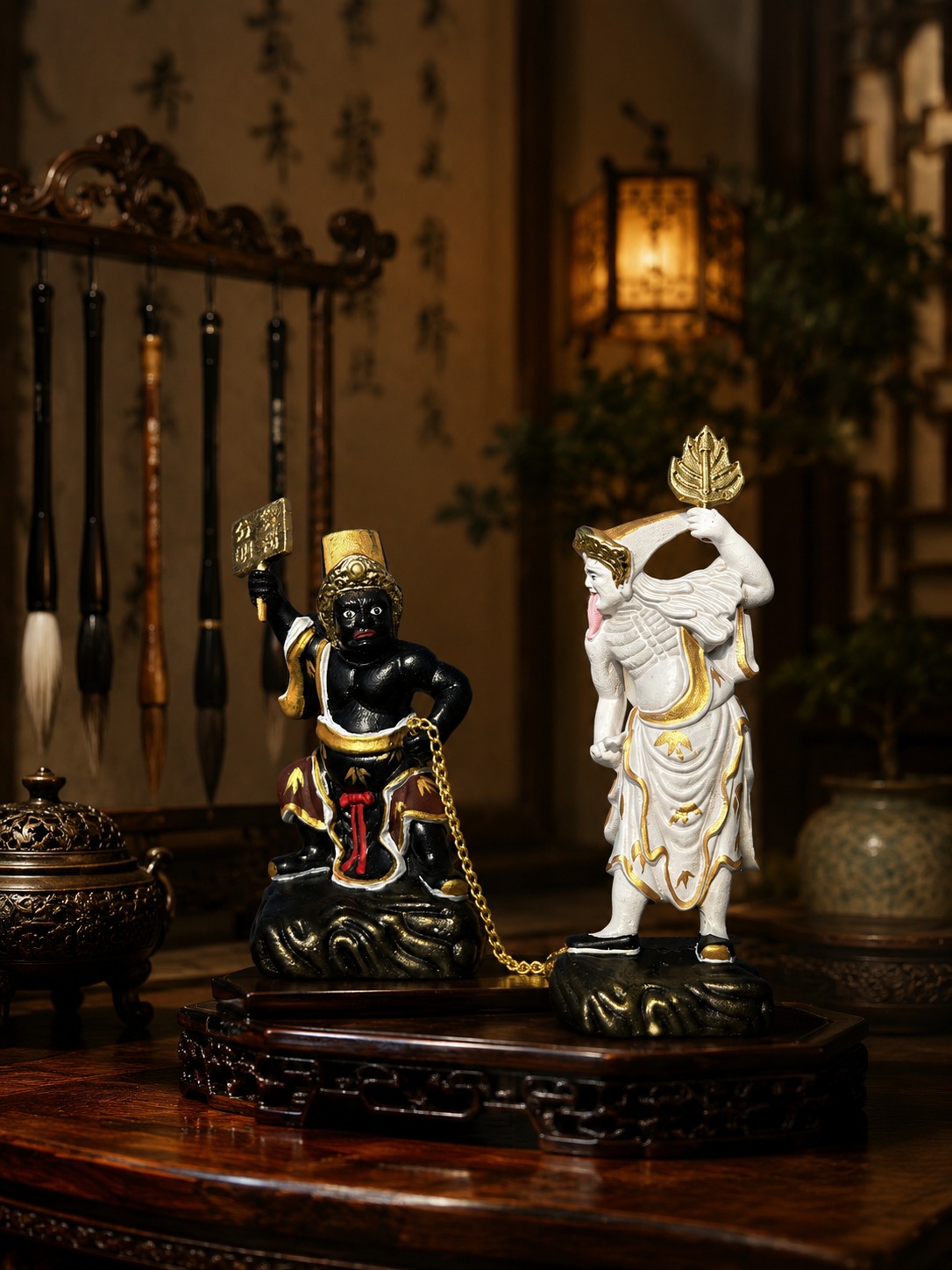 Black and White Impermanence Wood Statue Folk Deity Figurine, approved main product view.
