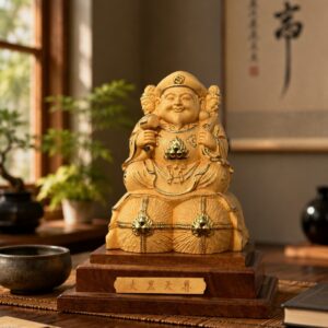Approved display image of Mahakala Wood Statue. Use the listed measurements for placement.