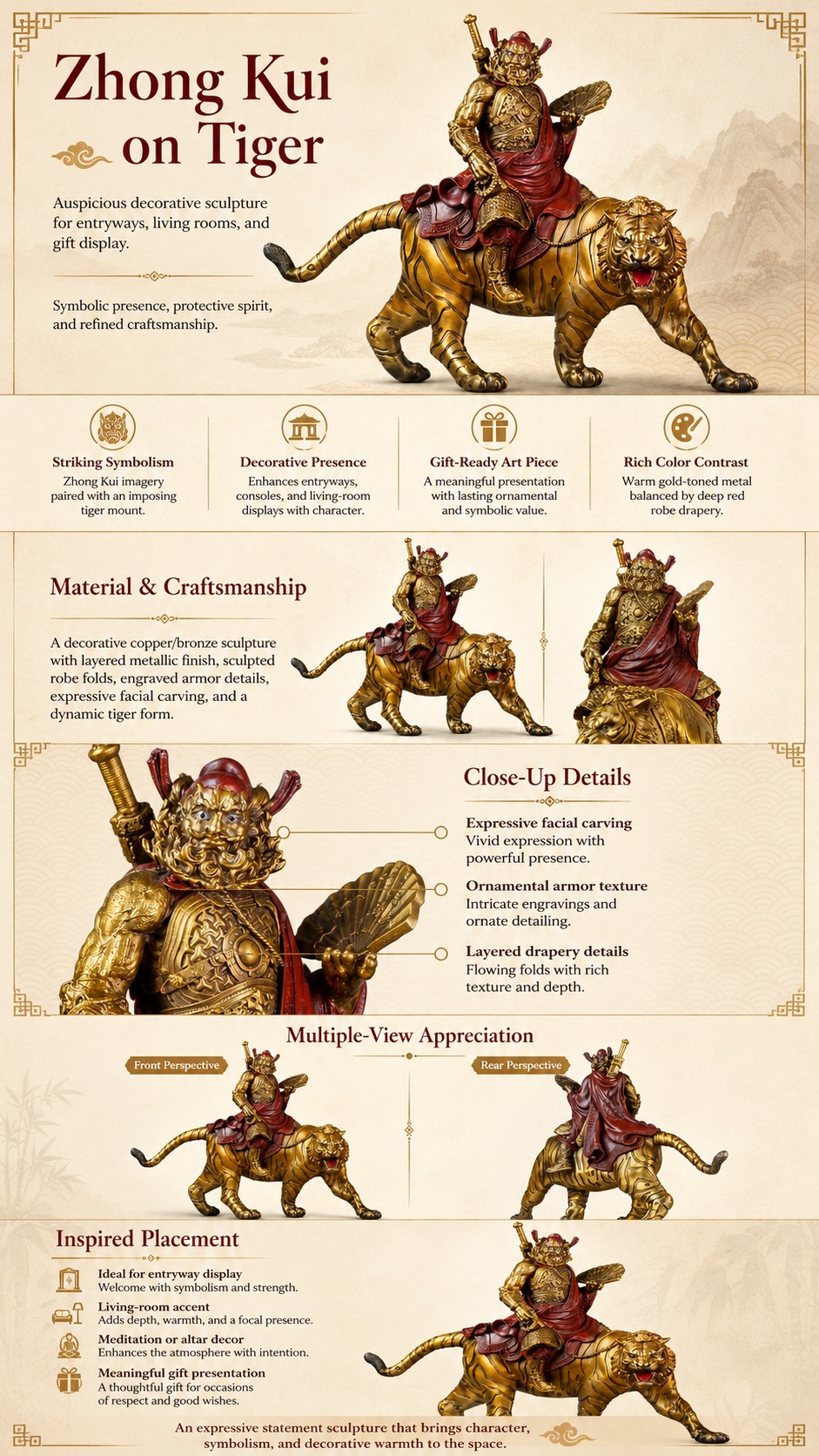 Zhong Kui Demon Queller Bronze Statue, approved detail product view.