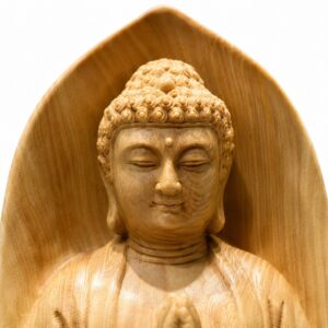 Approved product image of Joined Palms Buddha Wood Statue. Inspect the listed facts separately.