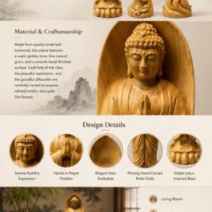 Approved product image of Joined Palms Buddha Wood Statue. Inspect the listed facts separately.