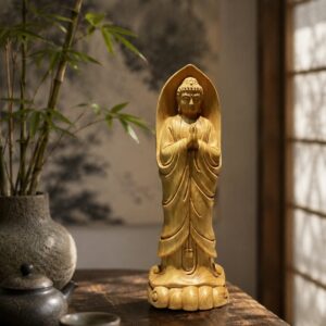 Approved product image of Joined Palms Buddha Wood Statue. Inspect the listed facts separately.