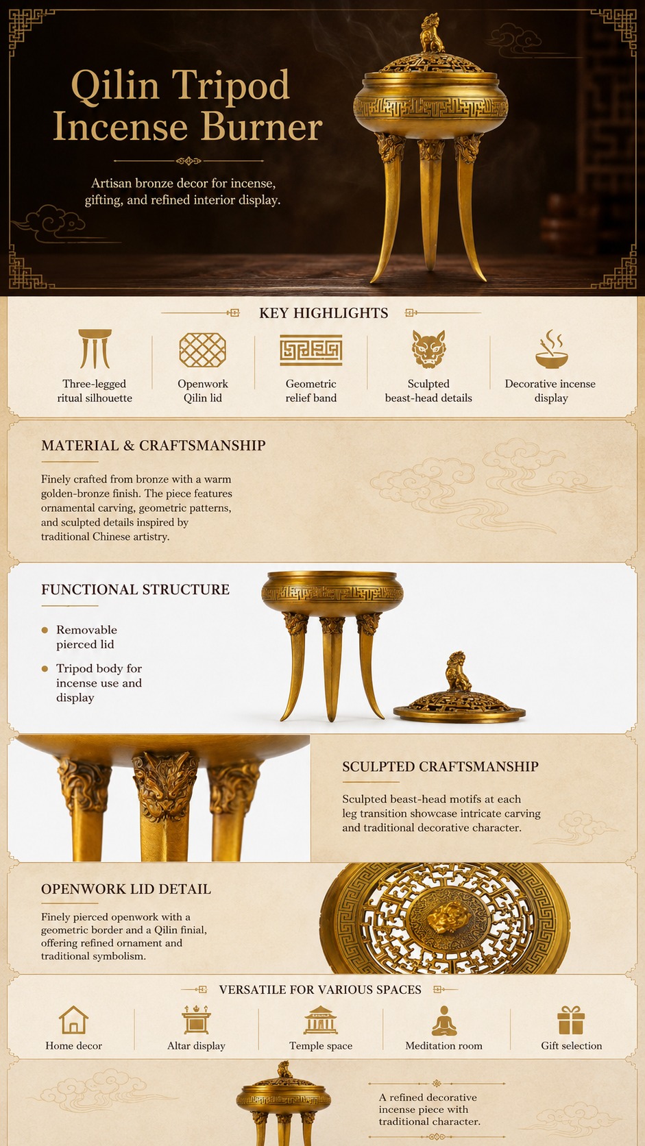 Qilin Three Legged Copper Alloy Incense Burner, approved main product view.
