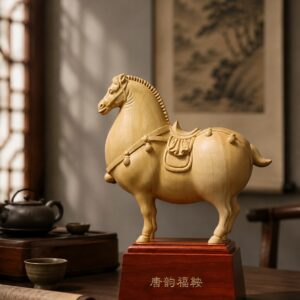 Tang Dynasty Horse Wood Statue with Saddle, approved detail product view.