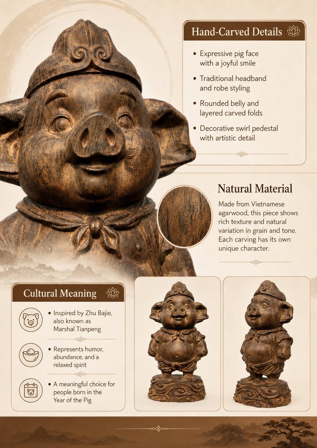 Zhu Bajie Wood Figurine, approved detail product view.
