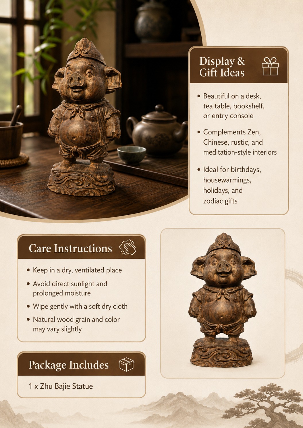 Zhu Bajie Wood Figurine, approved detail product view.