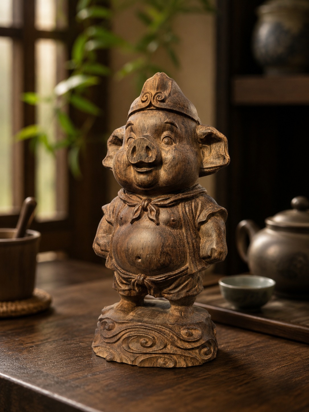 Zhu Bajie Wood Figurine, approved scene product view.