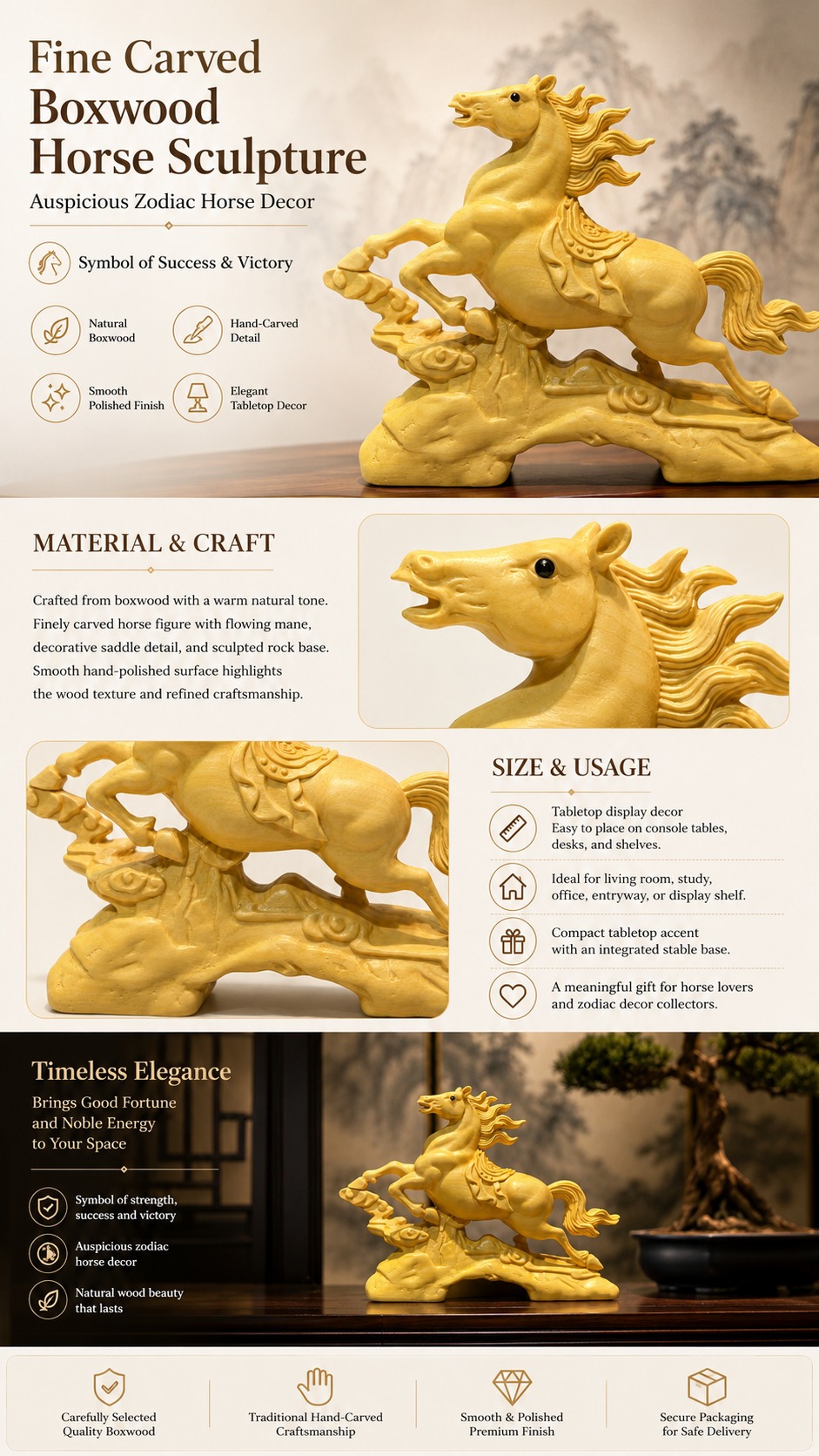 Galloping Horse Wood Statue, approved detail product view.