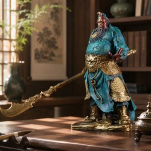Guan Yu Brass Statue with Horizontal Blade, approved scene product view.
