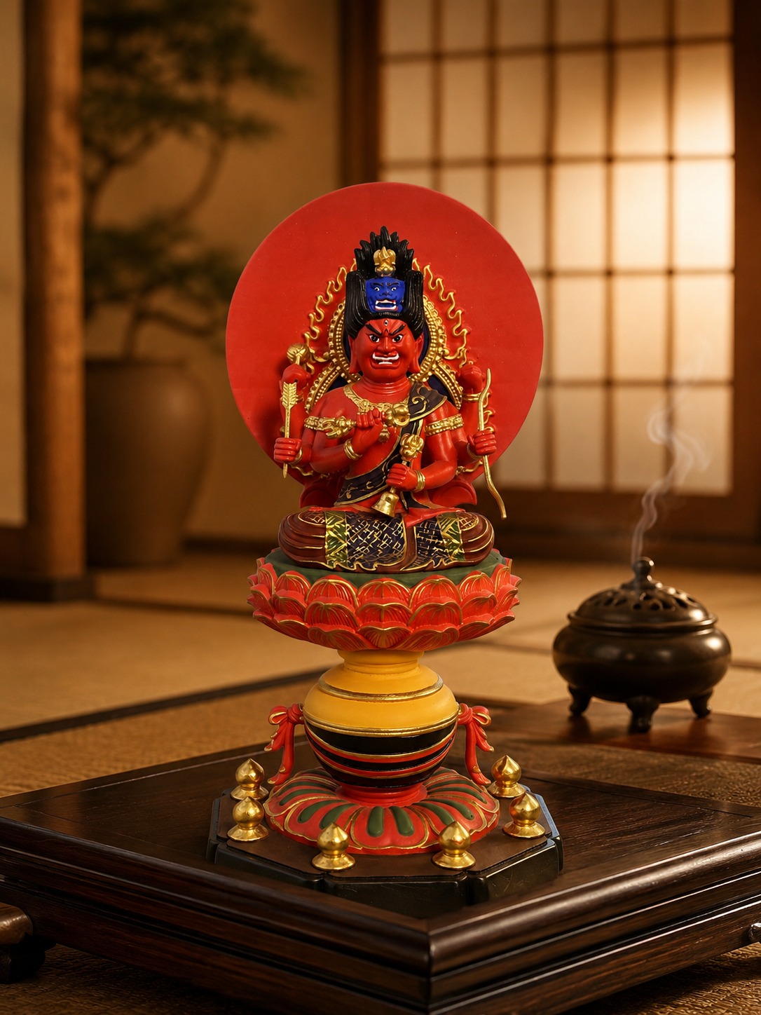 Aizen Myoo Wood Statue Painted Sculpture, approved main product view.