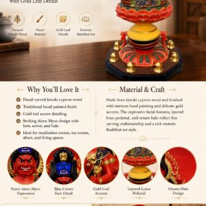 Aizen Myoo Wood Statue Painted Sculpture, approved detail product view.