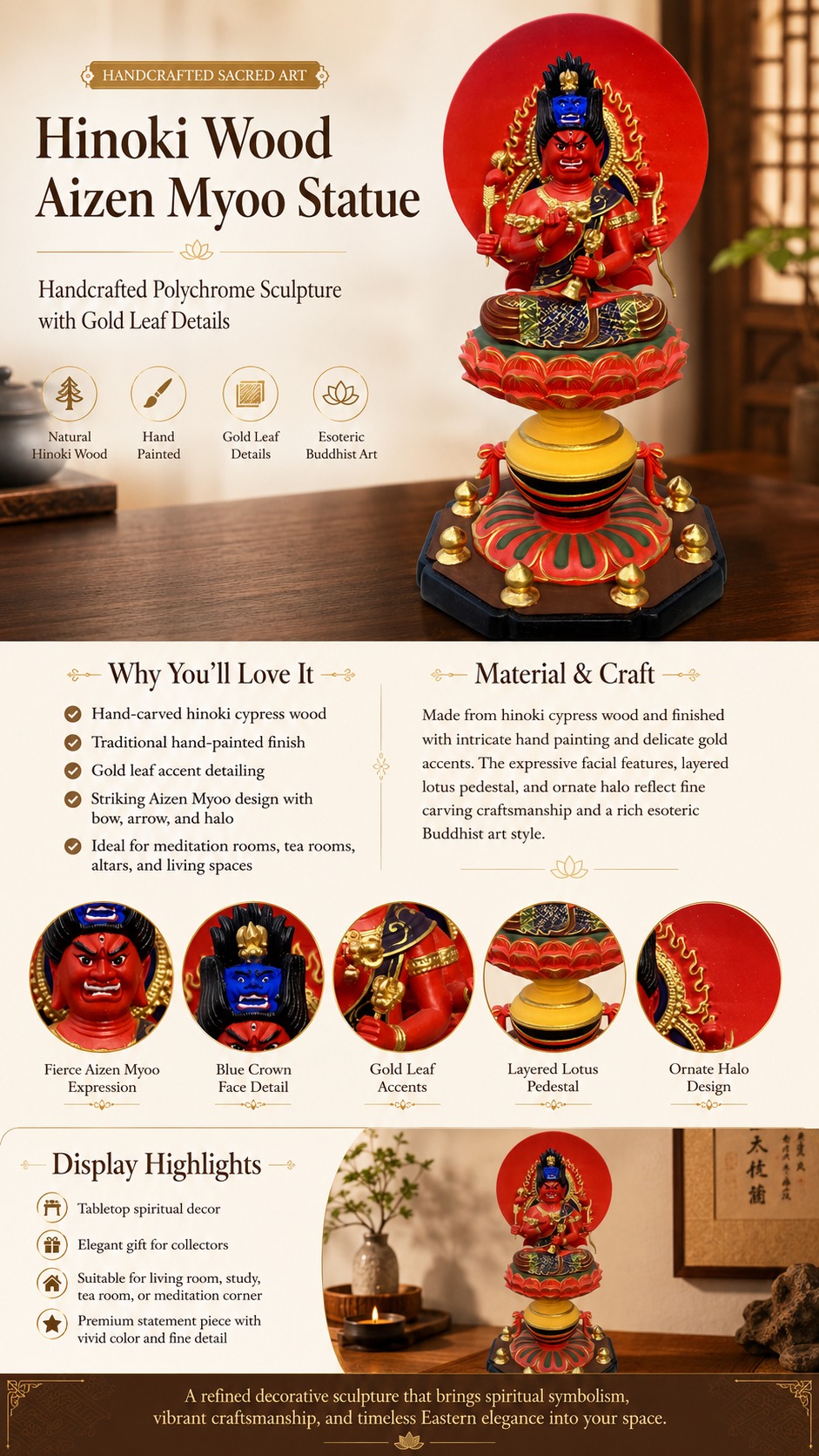 Aizen Myoo Wood Statue Painted Sculpture, approved detail product view.