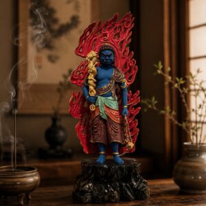 Approved display image of the Painted Fudo Myoo Wood Statue; use the listed measurements for placement.