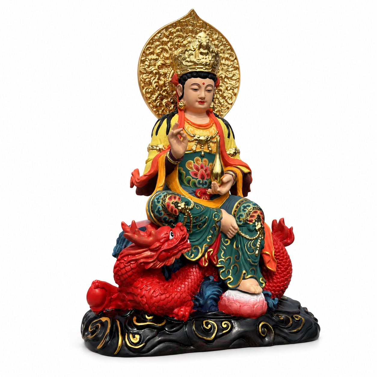Guan Yin Riding Dragon Wood Statue, approved main product view.
