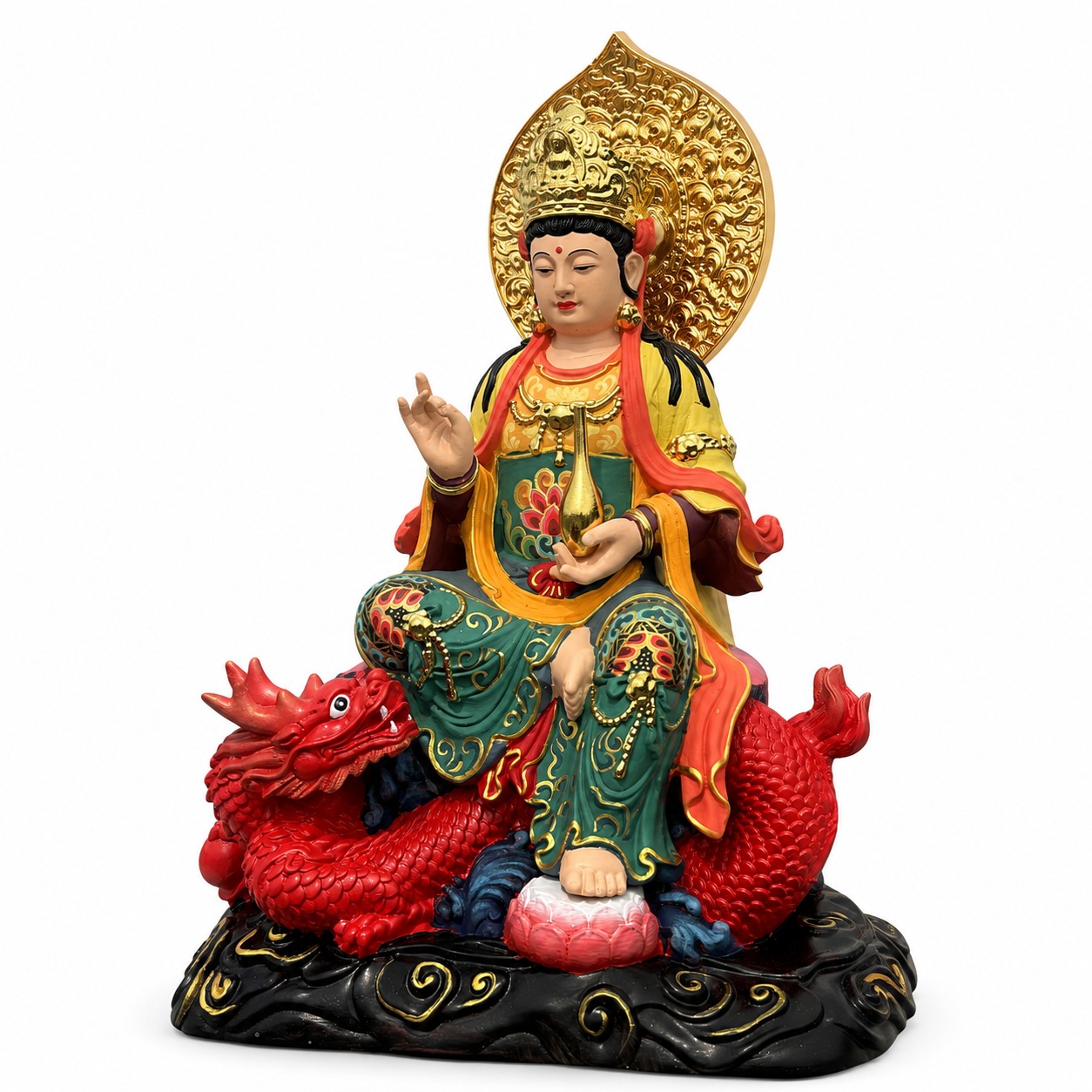 Guan Yin Riding Dragon Wood Statue, approved main product view.