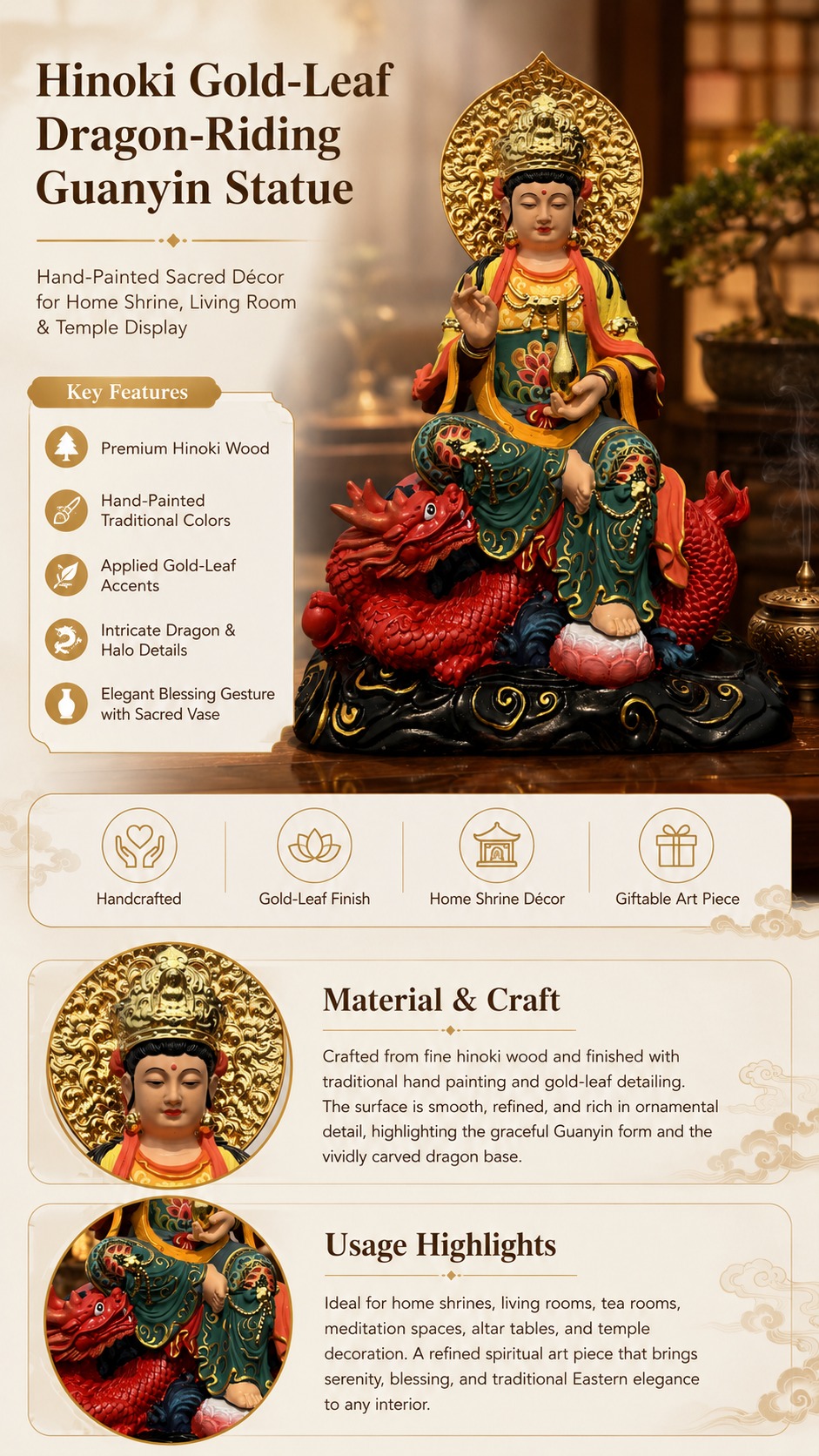 Guan Yin Riding Dragon Wood Statue, approved main product view.