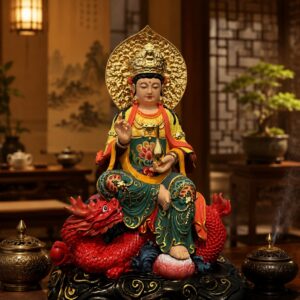 Guan Yin Riding Dragon Wood Statue, approved main product view.
