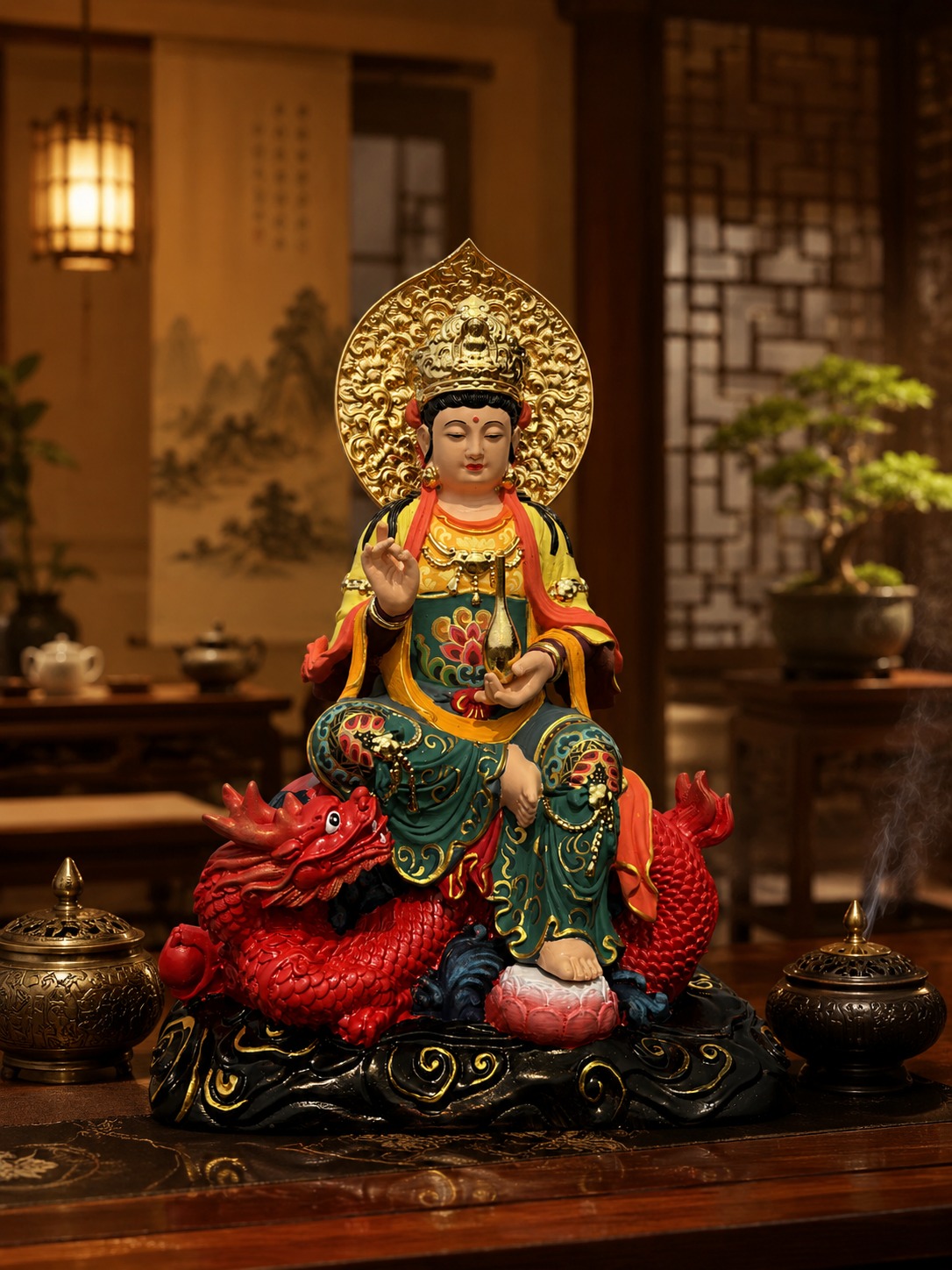 Guan Yin Riding Dragon Wood Statue, approved scene product view.