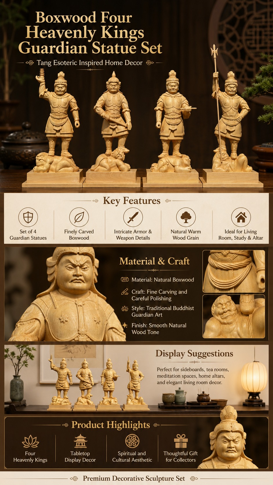 Four Heavenly Kings Wood Statue, approved detail product view.