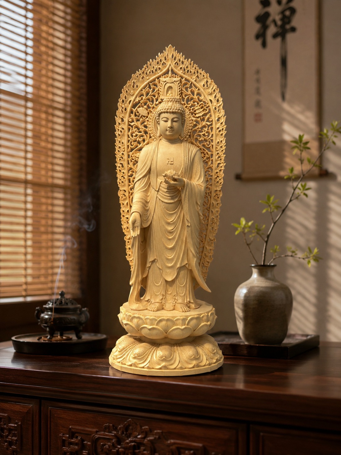 Amitabha Buddha Statue Wood Figurine, approved scene product view.