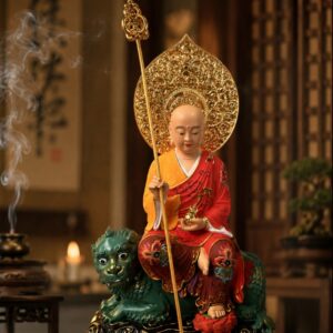 Di Ting and Ksitigarbha Bodhisattva Wood Statue, approved scene product view.