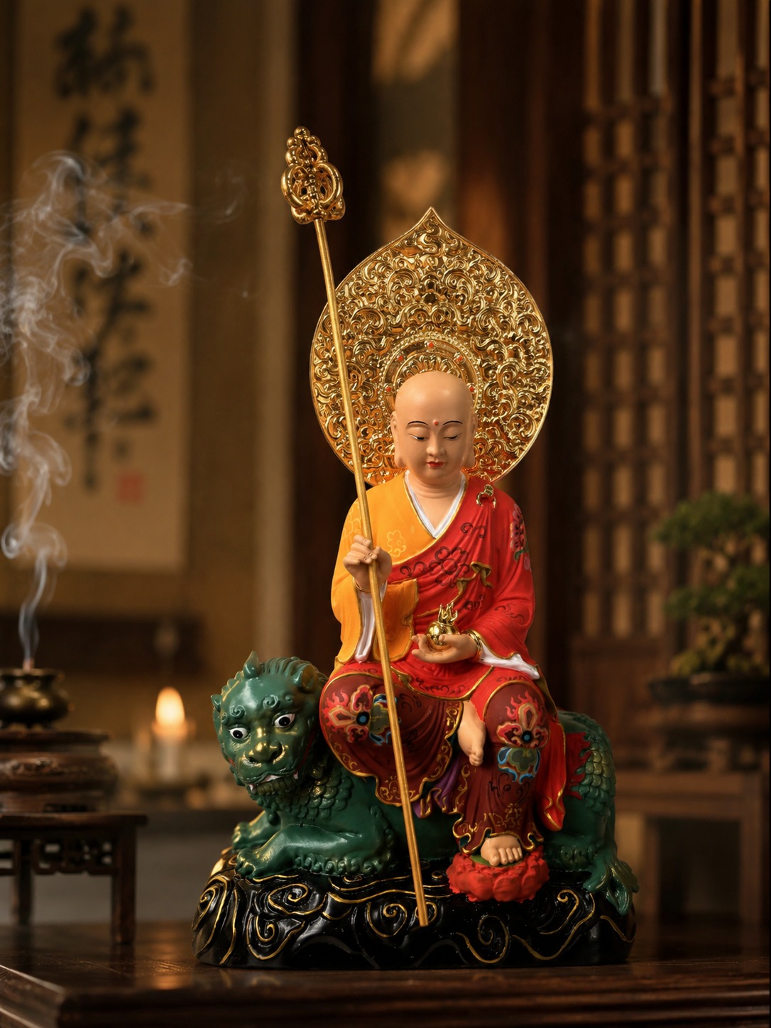 Di Ting and Ksitigarbha Bodhisattva Wood Statue, approved scene product view.