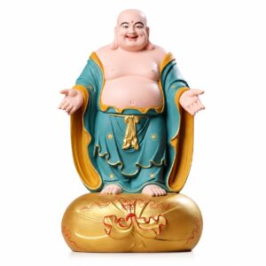 Laughing Buddha Wood Statue with Detail, approved main product view.