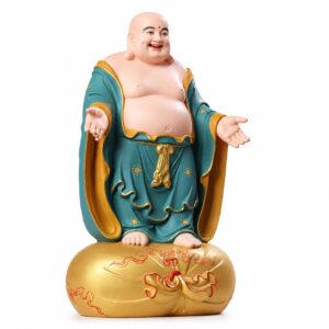 Laughing Buddha Wood Statue with Detail, approved main product view.