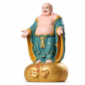 Laughing Buddha Wood Statue with Detail, approved main product view.