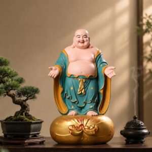 Laughing Buddha Wood Statue with Detail, approved main product view.