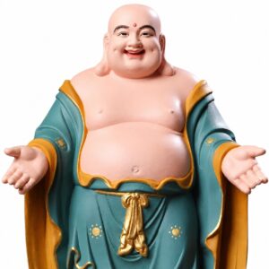 Laughing Buddha Wood Statue with Detail, approved main product view.